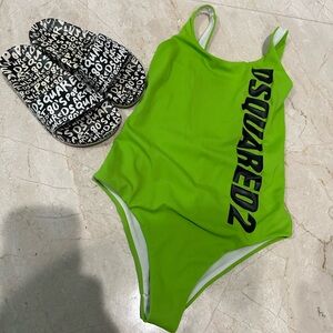 Kids DSQUARED2 swimsuit with matching graffiti DSQUARED slides GUC